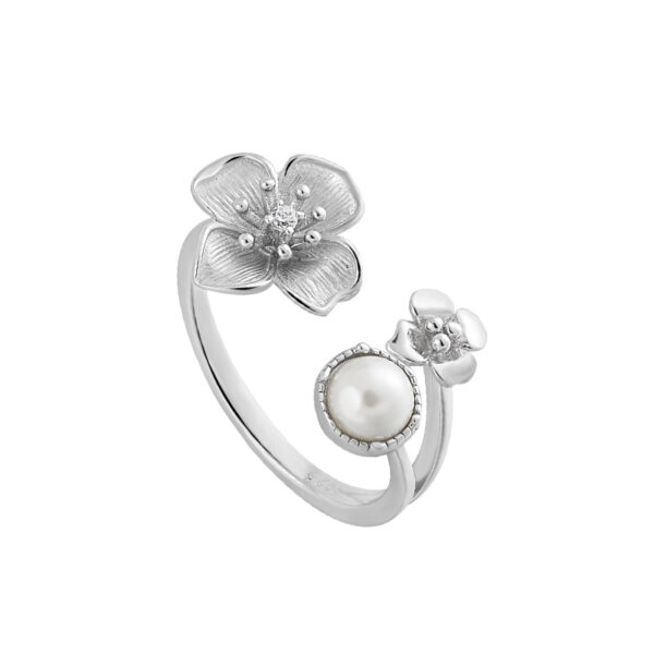 S925 Silver Inlaid Zircon Pearl Flower Open Ring