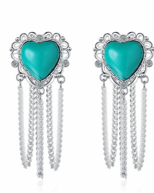 S925 Silver Natural Turquoise Heart Tassel Earrings