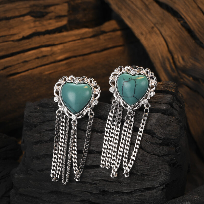 S925 Silver Natural Turquoise Heart Tassel Earrings