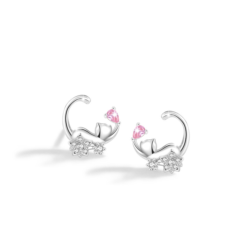 S925 Silver Pink Zircon Cat Stud Earrings