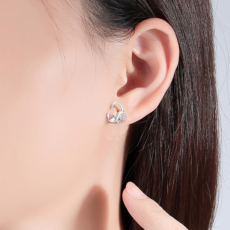 S925 Silver Pink Zircon Cat Stud Earrings