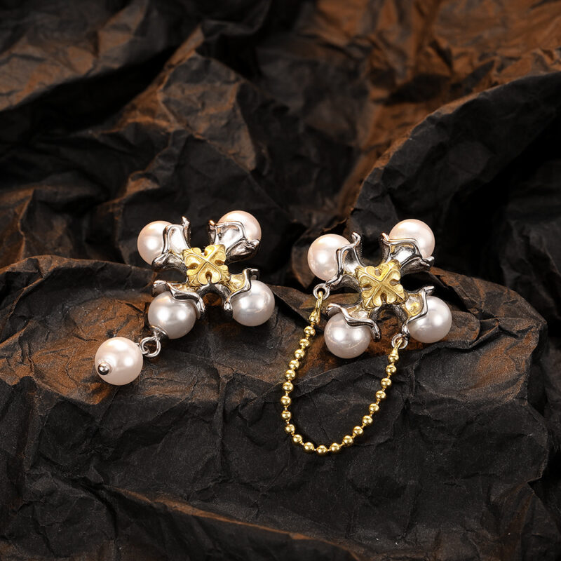 S925 Silver Vintage Cross Mismatched Pearl Earrings