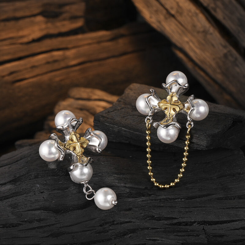 S925 Silver Vintage Cross Mismatched Pearl Earrings