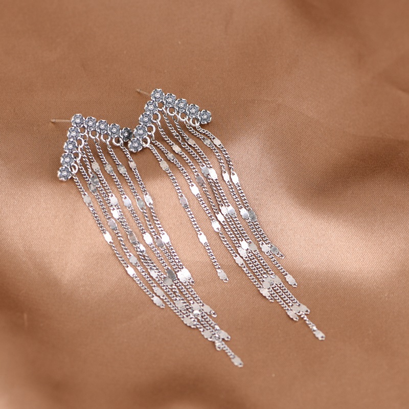 S925 Silver Vintage Flower Long Tassel Earrings