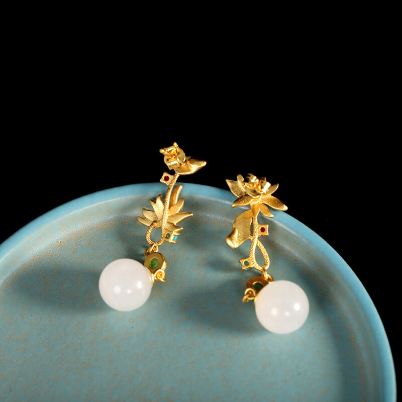 S925 Sterling Silver Gold Plated Lotus Inlaid Natural Hetian Jade Earrings