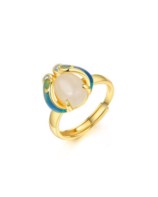S925 Silver Enamel Hetian Jade Ladybug Open Ring