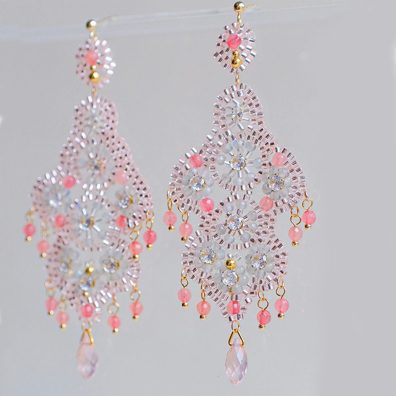 Handmade long style pink beaded earrings tutorial