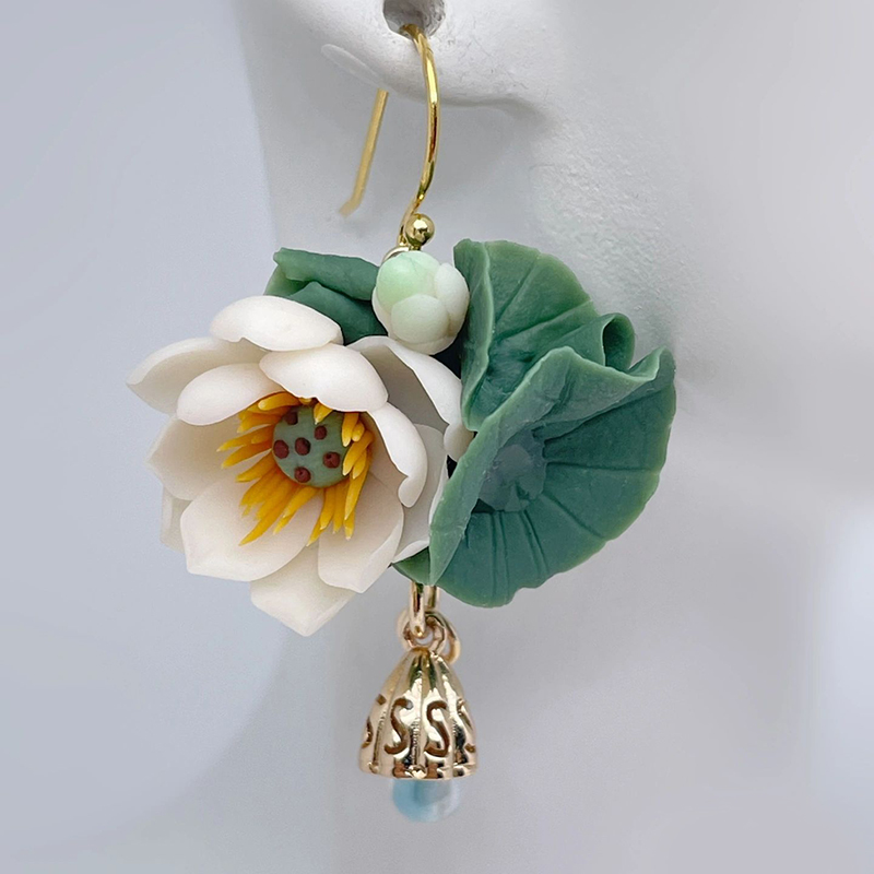 Handmade Polymer Clay Lotus Leaf Lotus Flower Earrings