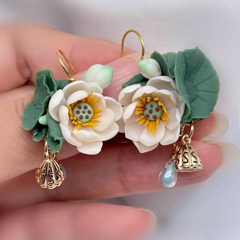 Handmade Polymer Clay Lotus Leaf Lotus Flower Earrings