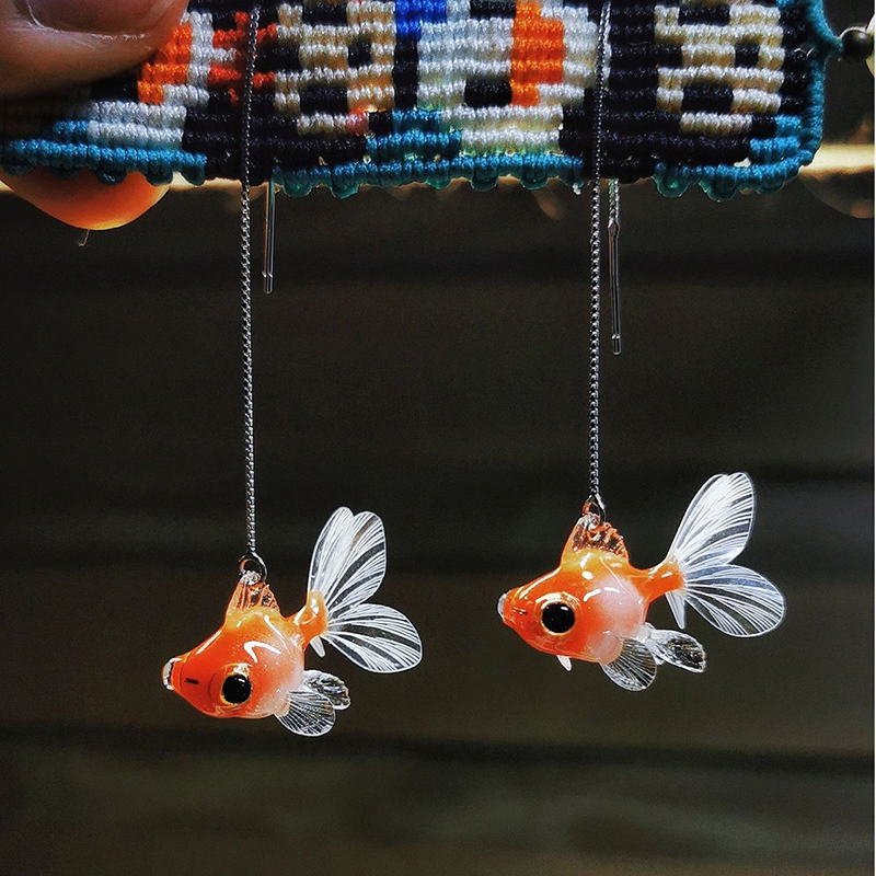 Handmade Resin Red Goldfish Threader Earrings