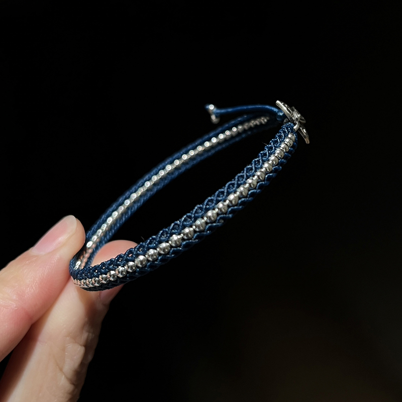 Handmade Braided Rope Silver Leaf Bracelet Ring