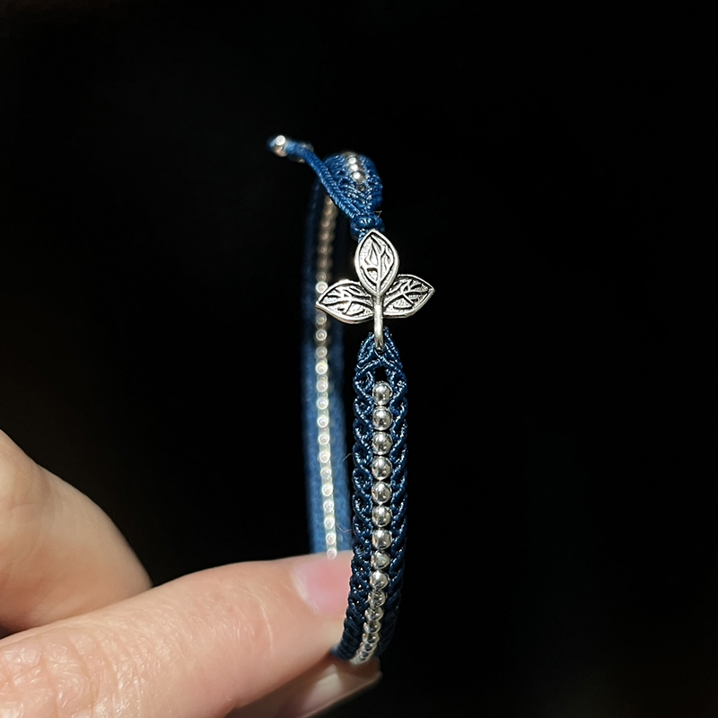 Handmade Braided Rope Silver Leaf Bracelet Ring