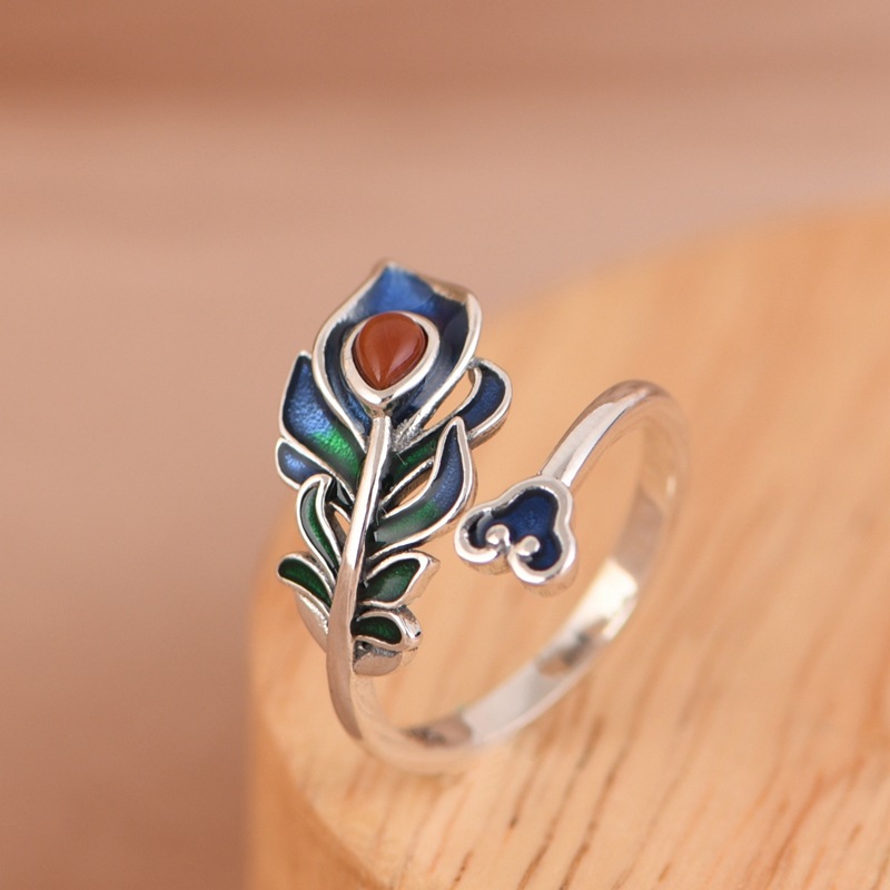 S925 Silver Burnt Blue Peacock Feather Open Ring