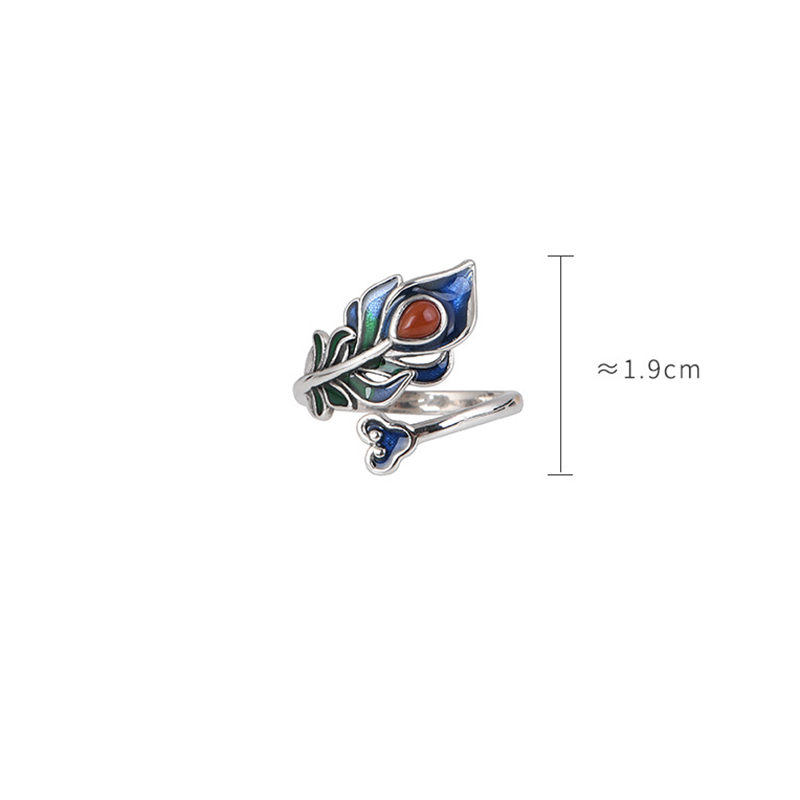 S925 Silver Burnt Blue Peacock Feather Open Ring