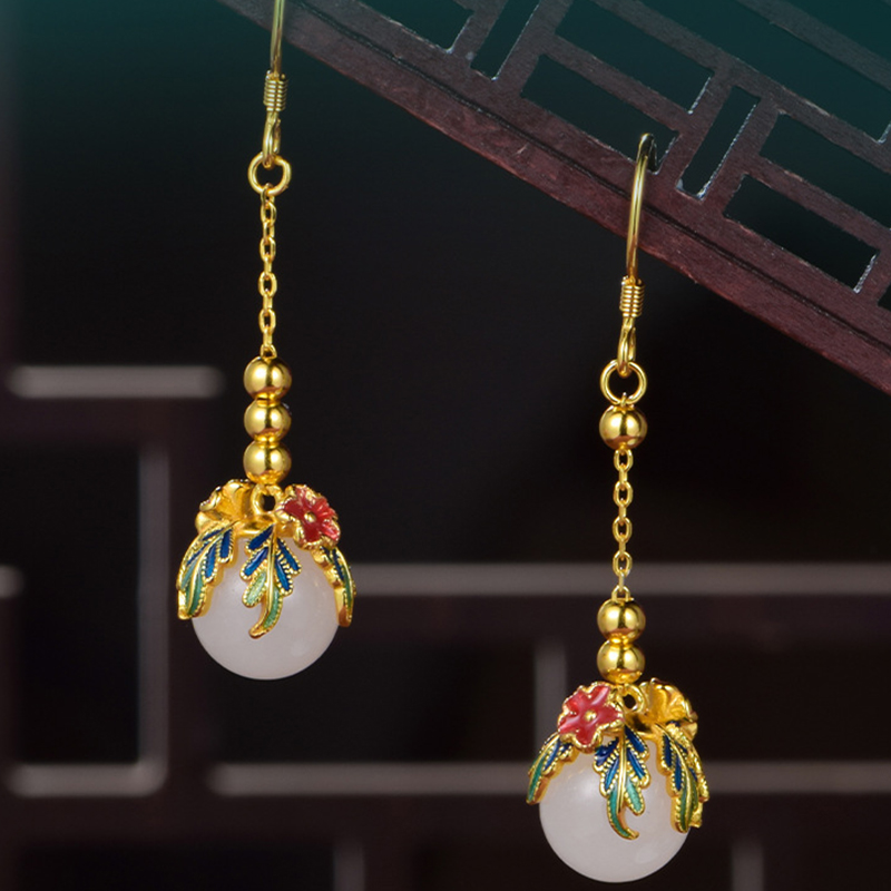 S925 Silver Enamel Flower Hetian Jade Tassel Earrings