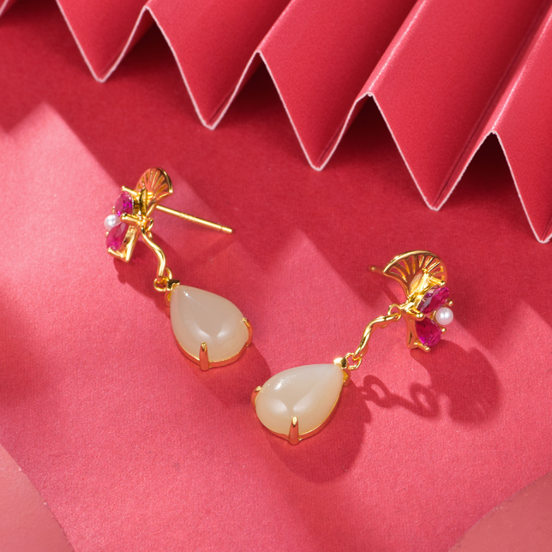 S925 Silver Enamel Ginkgo Leaf Hetian Jade Drop Earrings Pendant