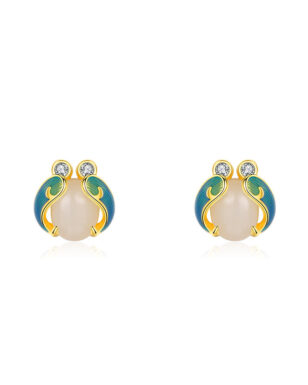 S925 Silver Enamel Hetian Jade Ladybug Stud Earrings