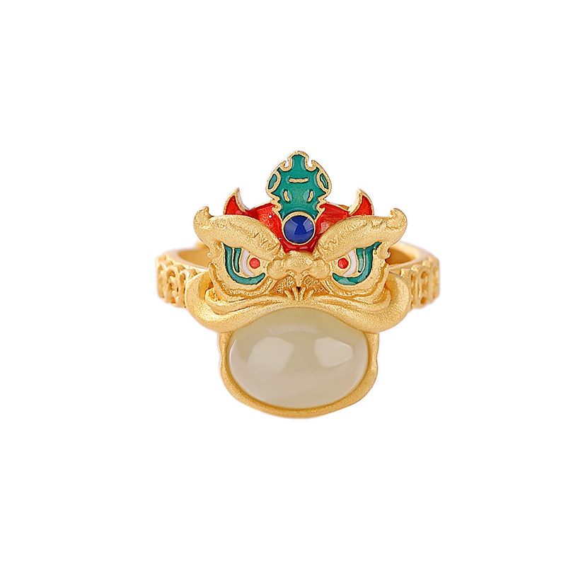 S925 Silver Gold Plated Hetian Jade Enamel Lion Ring