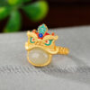 S925 Silver Gold Plated Hetian Jade Enamel Lion Ring