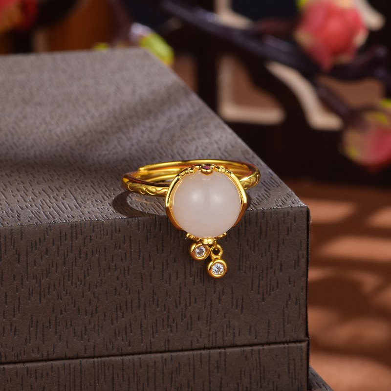 S925 Silver Gold-Plated Hetian Jade Open Ring