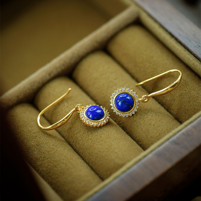 S925 Silver Gold-plated Lapis Lazuli Vintage Earrings