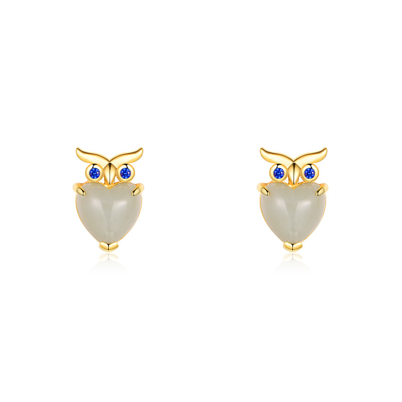 S925 Silver Hetian Jade Owl Stud Earrings