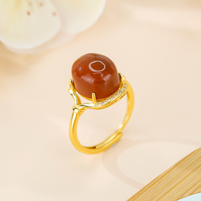 S925 Silver Inlaid Agate Open Ring