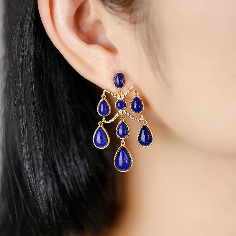 S925 Silver Inlaid Lapis Lapis Agate Water Drop Earrings