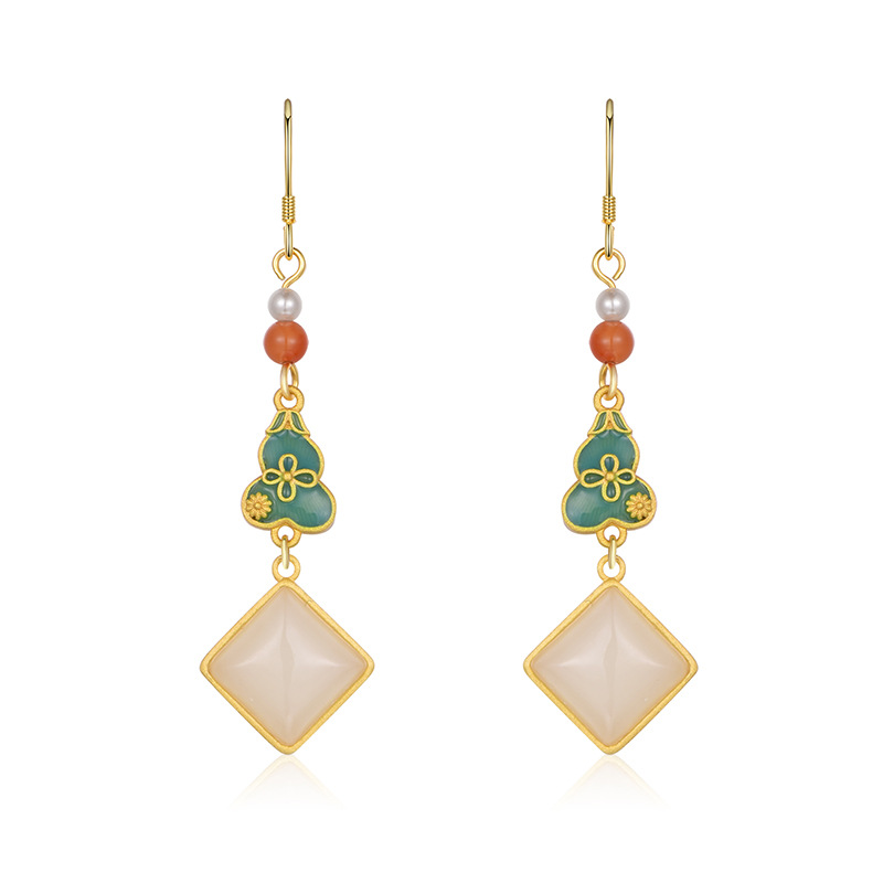 S925 Silver Inlaid Natural Hetian Jade Enamel Earrings