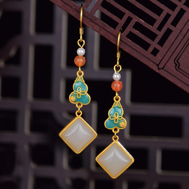 S925 Silver Inlaid Natural Hetian Jade Enamel Earrings