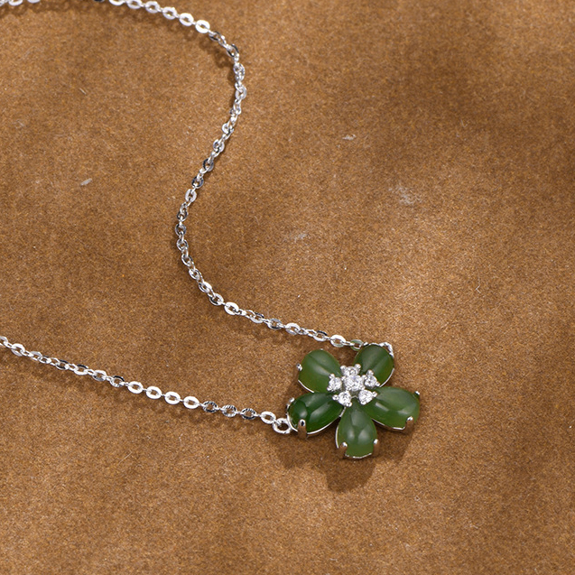 S925 Silver Inlaid Natural Hetian Jade Flower Necklace