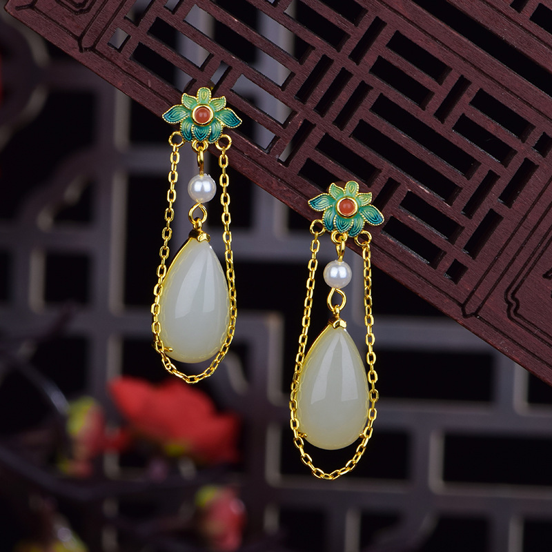 S925 Silver Inlaid Natural Hetian Jade Flower Tassel Earrings