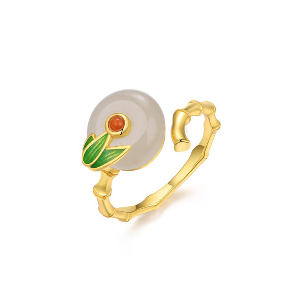 S925 Silver Inlaid Natural Hetian jade Bamboo leaf Open Ring