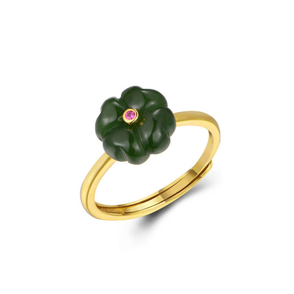 S925 Silver Inlaid Natural Nephrite Four-leaf Clover Open Ring