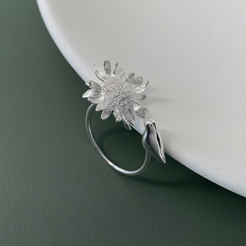 S925 Silver Inlaid Zircon Sunflower Bird Open Ring