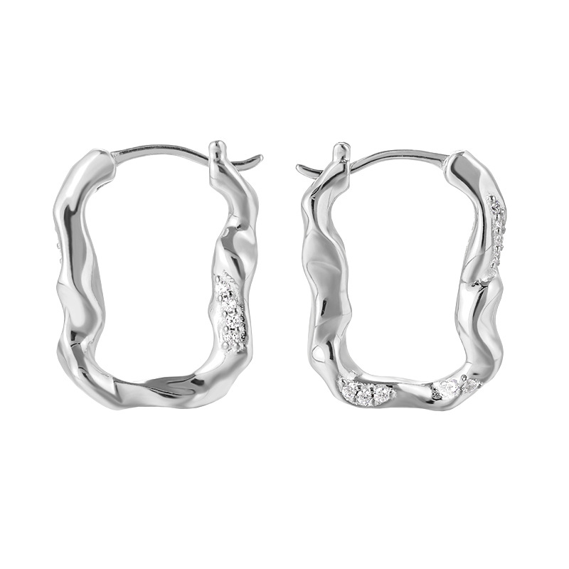 S925 Silver Irregular U-shaped Inlaid Zircon Hoop Earrings