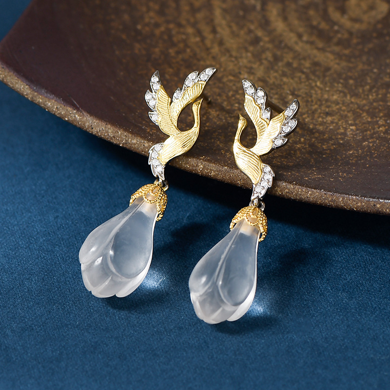 S925 Silver Orchid Crystal Bird Earrings