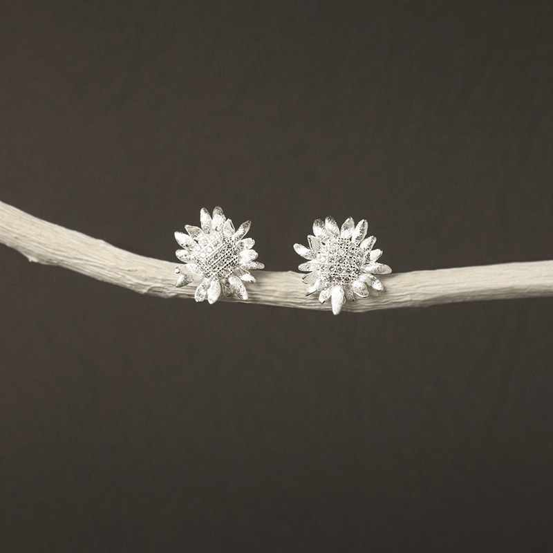 S925 Silver Sunflower Tassel Flower Earrings