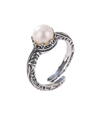 S925 Silver Vintage Pattern Pearl Open Ring