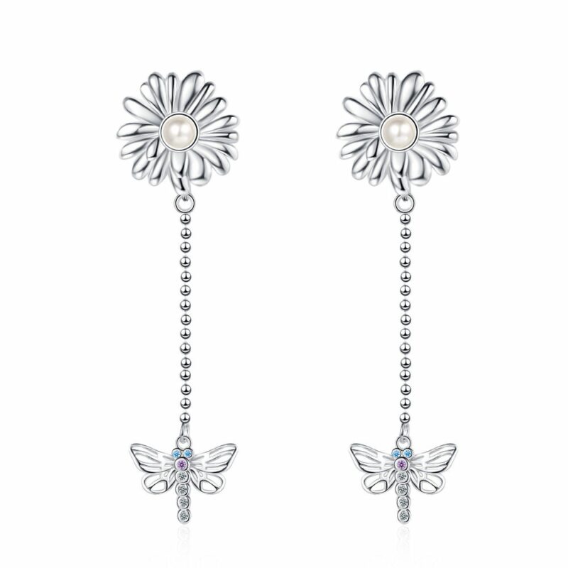 S925 Sterling Silver Daisy Dragonfly Earrings
