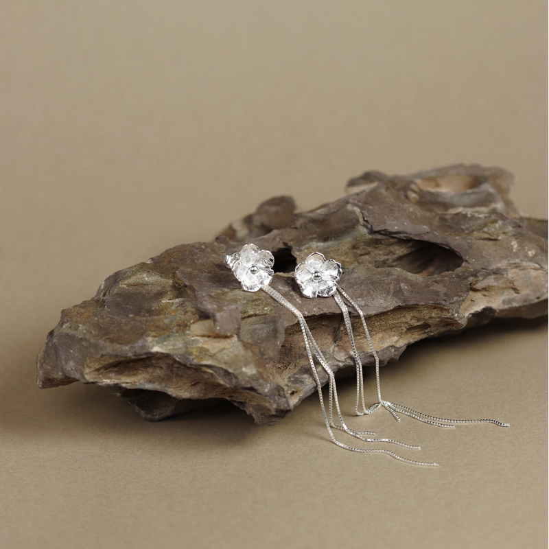 S925 Sterling Silver Flower Detachable Tassel Earrings