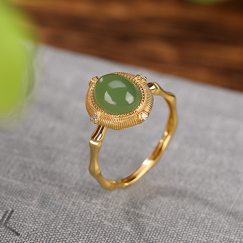 S925 Sterling Silver Gold Plated Nephrite Bamboo Oval Ring