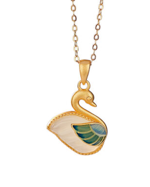 S925 Sterling Silver Gold Plated Hetian Jade Enamel Swan Pendant