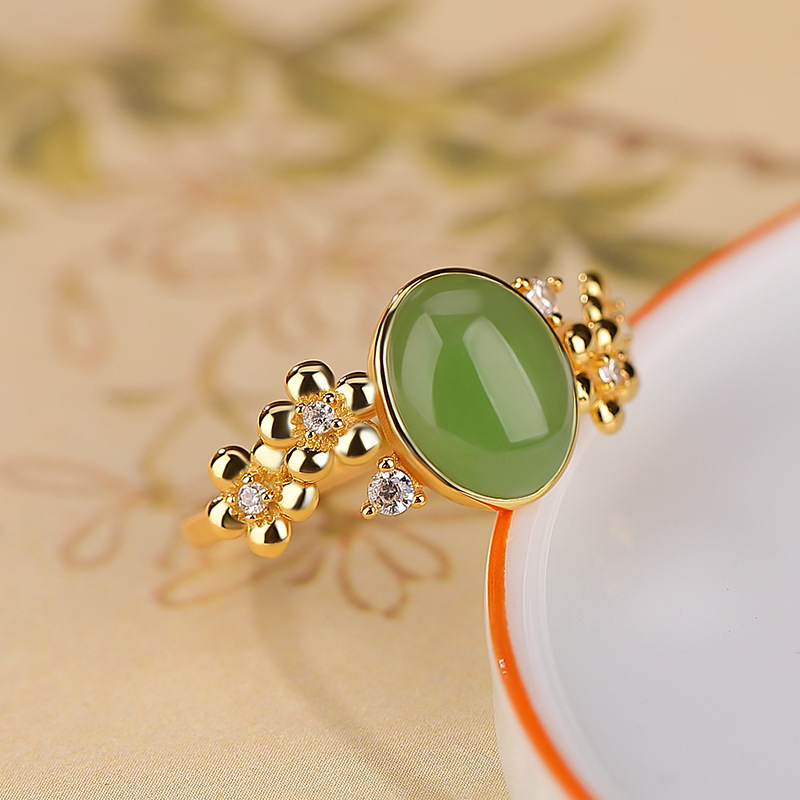 S925 Sterling Silver Gold Plated Hetian Jade Flower Oval Ring