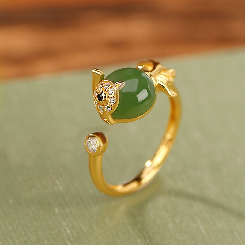S925 Sterling Silver Gold Plated Hetian Jade Goldfish Open Ring