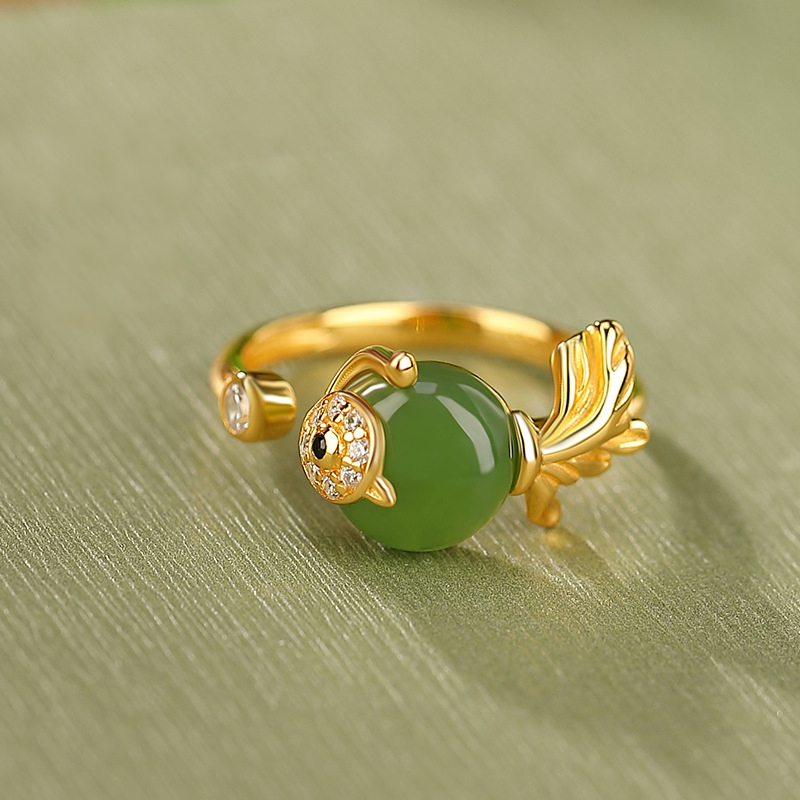 S925 Sterling Silver Gold Plated Hetian Jade Goldfish Open Ring