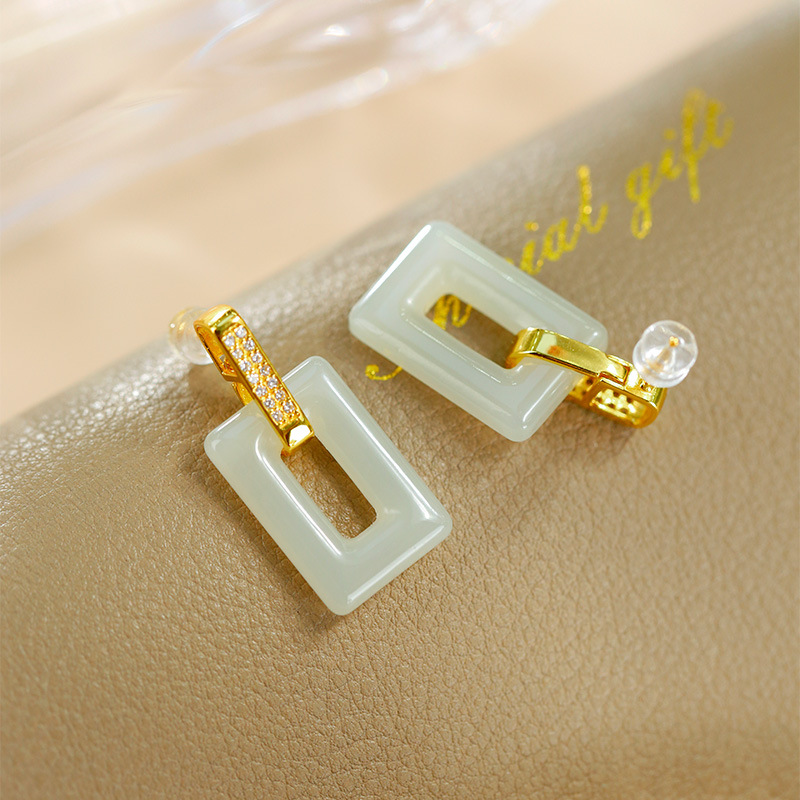 S925 Sterling Silver Gold Plated Hetian Jade Zircon Square Earrings