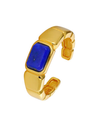 S925 Sterling Silver Gold Plated Natural Lapis Lazuli Square Open Ring