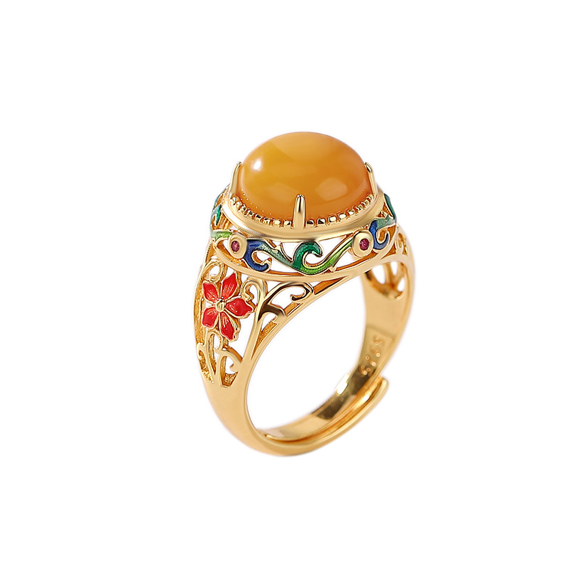 S925 Sterling Silver Gold-plated Beeswax Enamel Hollow Flower Ring