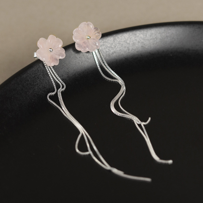 S925 Sterling Silver Pink Crystal Flower Tassel Earrings
